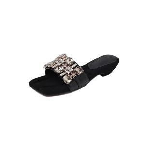 Sheepskin version ~ French temperament rhinestone high-end sense of one-line sandals for women to wear in summer with versatile block heel sandals