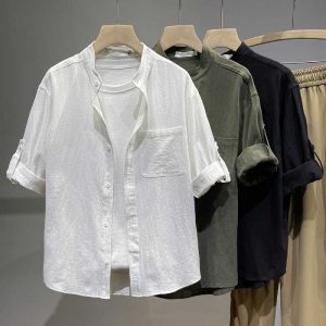 Linen shirt short sleeve shirt loose men's chinoiserie long sleeve summer cotton linen men's casual three-quarter sleeves