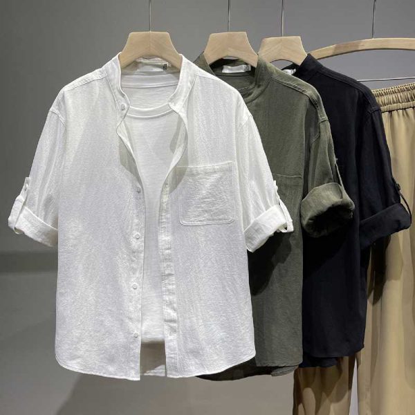 Linen shirt short sleeve shirt loose men's chinoiserie long sleeve summer cotton linen men's casual three-quarter sleeves - Image 3