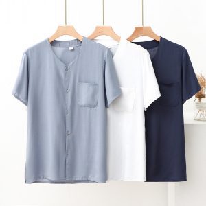 cotton silk middle-aged and elderly men short sleeve round neck shirt morning exercise shirt summer thin dad dress rayon top cardigan