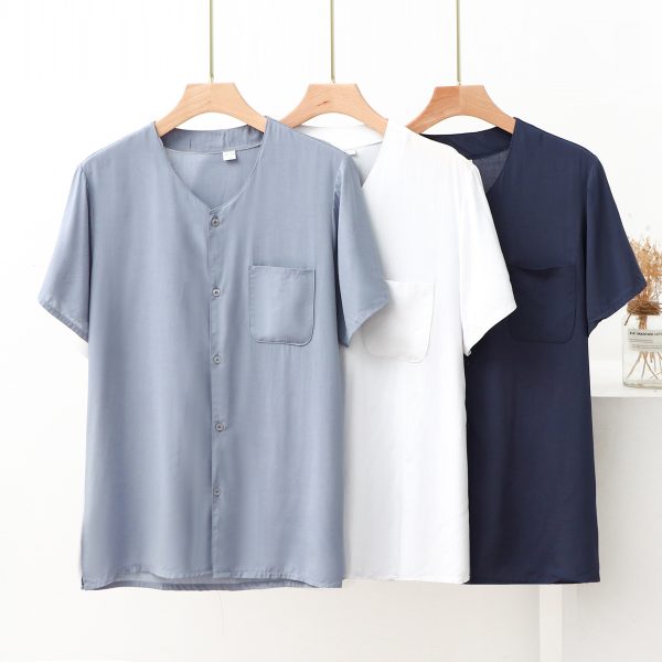 cotton silk middle-aged and elderly men short sleeve round neck shirt morning exercise shirt summer thin dad dress rayon top cardigan