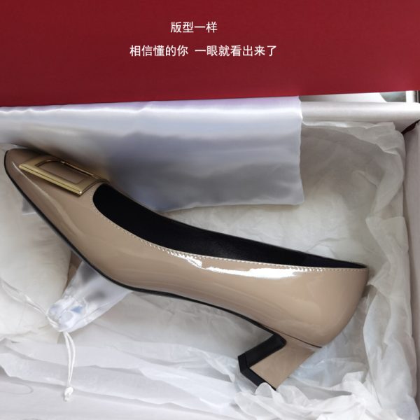 High version RV mid-heel block heel singles, patent leather square toe, square buckle wedding shoes, French commuter office OL workplace women's shoes - Image 2