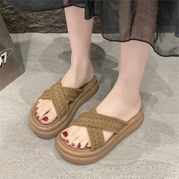 Vintage platform Birkenstocks, beach resort sandals, cross-strapped knitted women's shoes, summer outerwear, new 2025 - Image 4