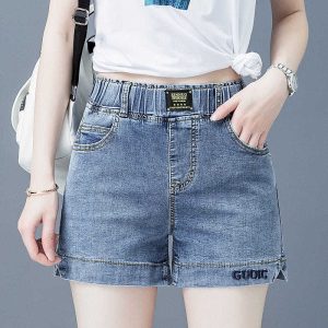 High-waisted denim shorts women's 2025 summer new Korean version of plus-size slimming elastic wide-leg pants with embroidered hot pants
