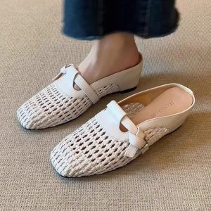 Sheepskin ~ Baotou semi-slippers women's summer wear inner heightened Birkenstock cave shoes, one foot knitted breathable sandals