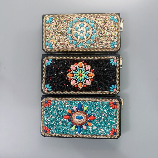 New ethnic style retro clutch bag, handmade rice bead single pull bag, women's zipper evening makeup bag, multi-compartment storage square bag