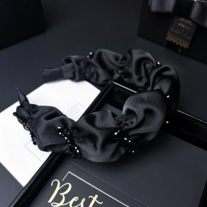 Aji bean headband, retro women's high skull, antique black crystal bow, satin pleat, face band, small headband
