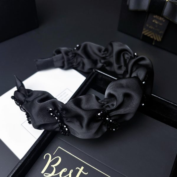 Aji bean headband, retro women's high skull, antique black crystal bow, satin pleat, face band, small headband - Image 2
