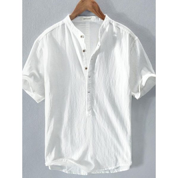 Dark white fresh stand-up collar pullover T-shirt short sleeve cotton linen shirt men's casual summer loose youth literary linen
