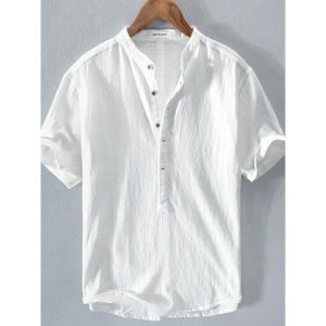 Dark white fresh stand-up collar pullover T-shirt short sleeve cotton linen shirt men's casual summer loose youth literary linen