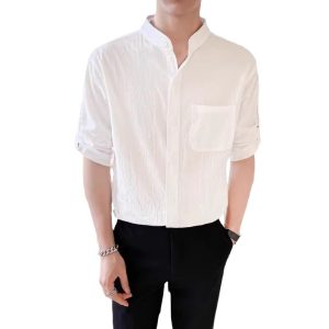 Linen Shirt Men's Short Sleeve Summer 2024 New Chinese High-end Cotton Linen Stand Collar Solid Color Casual Shirt Half Sleeve