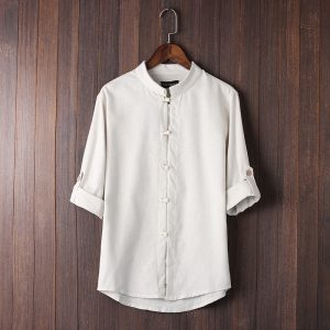 2025 cross-border men's foreign trade cropped sleeve shirt linen retro plus size shirt trendy men's linen shirt 9 colors