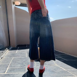 New vintage washed distressed texture high-waisted loose casual wide-leg pants cropped jeans women's trend