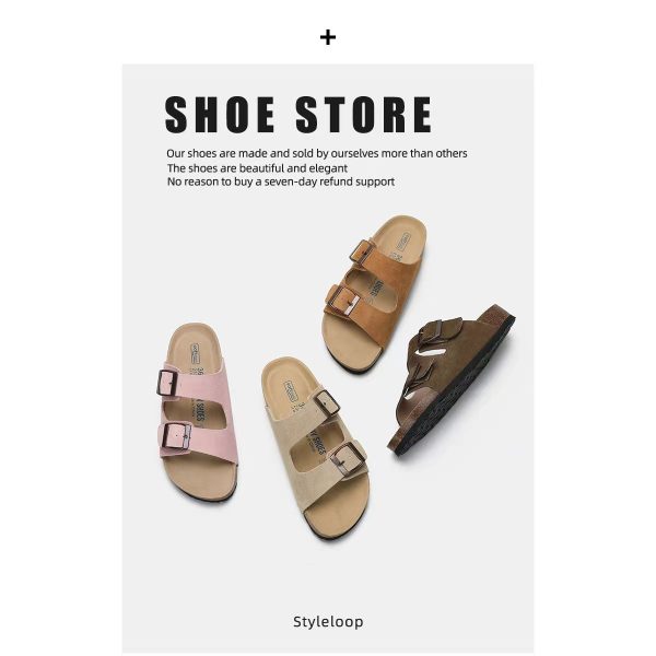 Cowhide version of Su Yinyin, the same cow reverse velvet retro buckle beach casual couple thick-soled plus-size Boken slippers women