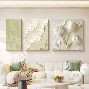 Cream simple living room decoration painting flower high-end sofa background wall painting texture atmospheric sandstone triptych mural