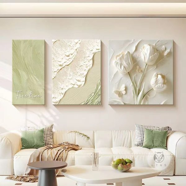 Cream simple living room decoration painting flower high-end sofa background wall painting texture atmospheric sandstone triptych mural - Image 2