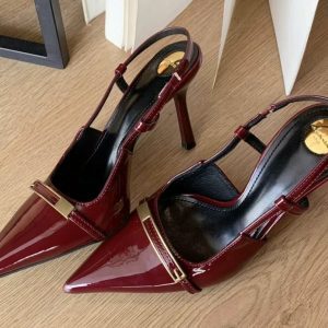 Yang Shulin's same metal buckle burgundy pointed high heels, feminine socialite, with a strap on the back of sandals
