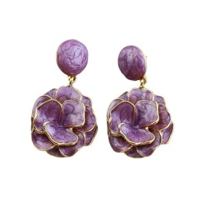 French niche purple magnolia flower painted three-dimensional rose earrings, high-end retro trendy cool earrings