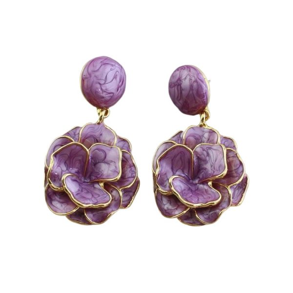 French niche purple magnolia flower painted three-dimensional rose earrings, high-end retro trendy cool earrings - Image 5