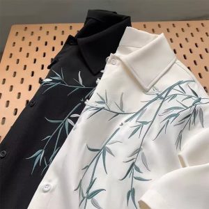Chinese style shirt, bamboo embroidered shirt, men's antique Tang costume, plate buckle design, short-sleeved shirt jacket