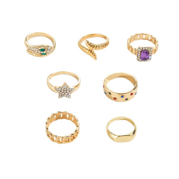 Cross-border hot sale exclusive for personalized alloy 7-piece set ring female star niche stacking set exaggerated opening ring - Image 5