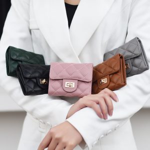 Small fragrance wind women's wallet women's short coin purse simple diamond checkered wallet large capacity sheepskin wallet genuine leather card bag