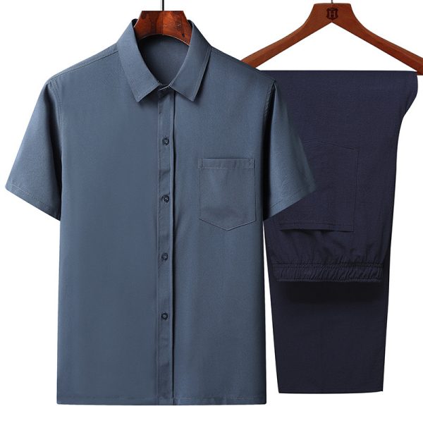 Summer middle-aged and elderly men's ice silk short-sleeved shirt loose lapel top middle-aged and elderly thin grandpa shirt - Image 3