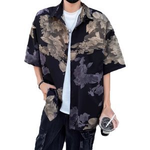 Loose American retro trendy brand short-sleeved flower shirt men's new Chinese style Hong Kong style high-end ruffian handsome shirt men's new products