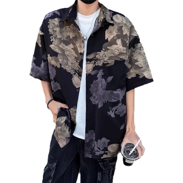 Loose American retro trendy brand short-sleeved flower shirt men's new Chinese style Hong Kong style high-end ruffian handsome shirt men's new products - Image 5