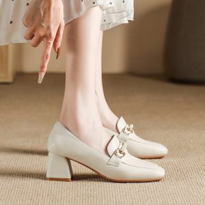 Simple office wear, soft pure leather single shoes, 6cm heel high spring and autumn square toe Mary pearl diamond women's shoes
