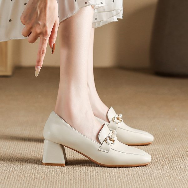 Simple office wear, soft pure leather single shoes, 6cm heel high spring and autumn square toe Mary pearl diamond women's shoes - Image 3